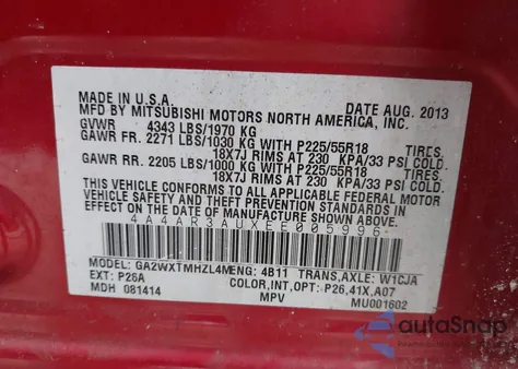 2014 Mitsubishi Outlander Sport Es from USA, damaged, VIN 4A4AR3AUXEE005996